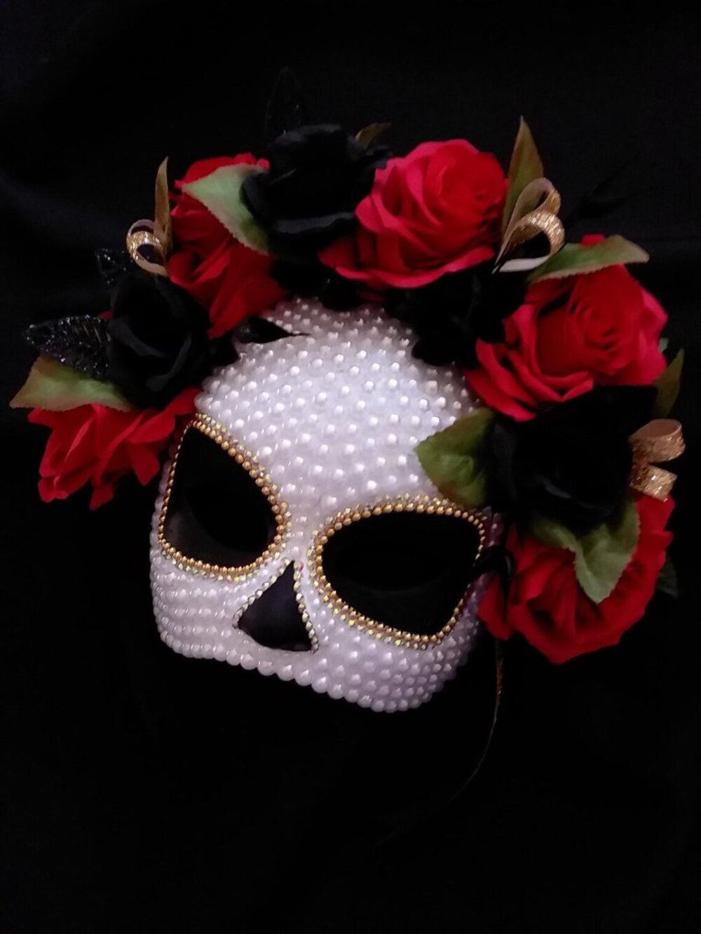 Handmade Day of the Dead Embellished Mask / Dia de los Muertos / Red Roses Crown
